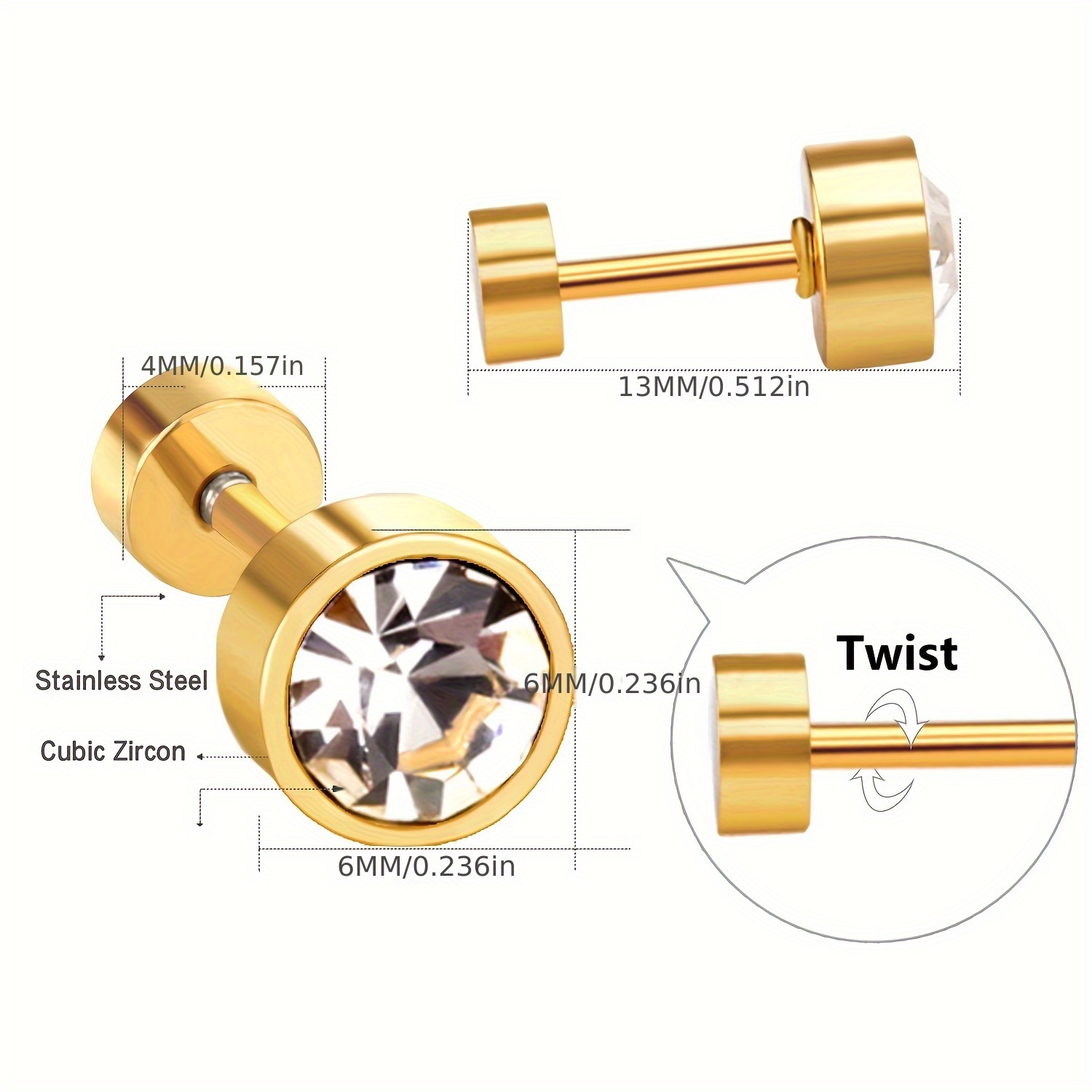 12 Pairs Multicolor Zircon 18K Gold Plated Stud Earrings Set